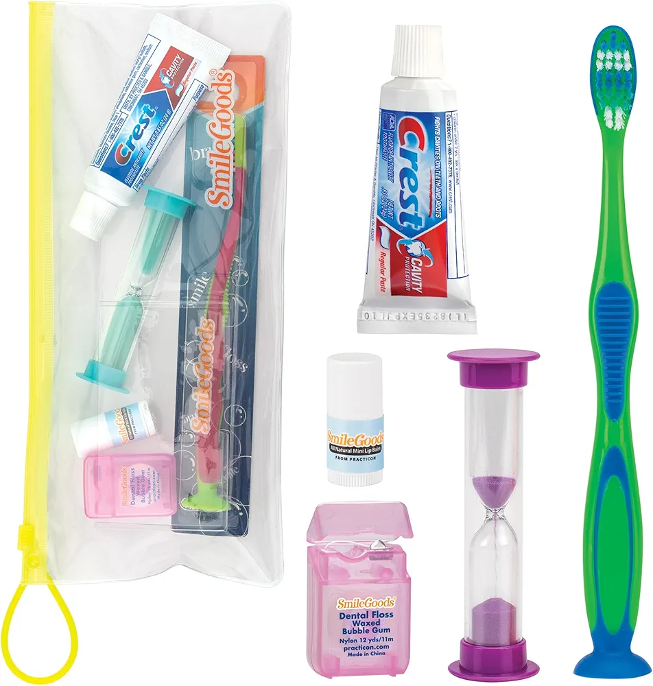 Practicon Child Deluxe Dental Care Kit, Travel Size Bundle w/Toothbrush, Crest Toothpaste, Floss, Lip Balm and Sand Timer, TSA Friendly Kids Oral Care Kit