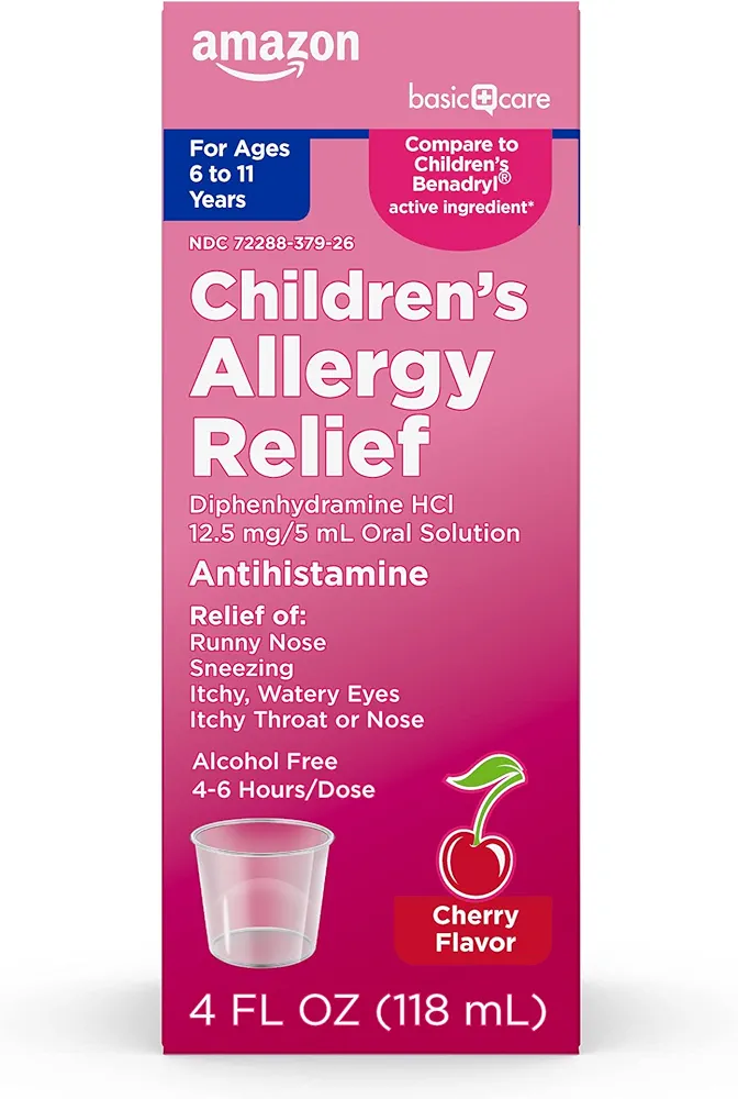 Amazon Basic Care Children's Allergy Relief Oral Solution, Diphenhydramine HCl, Cherry Flavor, 4 fl oz (Pack of 1)