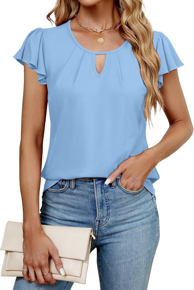 IHOT Womens Summer Tops Ruffle Short Sleeve Casual Round Neck T Shirts Front Pleated Basic Tees Blouses