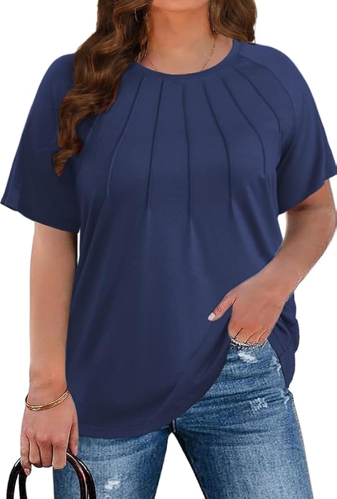 CARRROTMOB Plus Size Blouses for Women Pleated Casual Short Sleeve Round Neck Shirts Dressy Loose Summer Tops