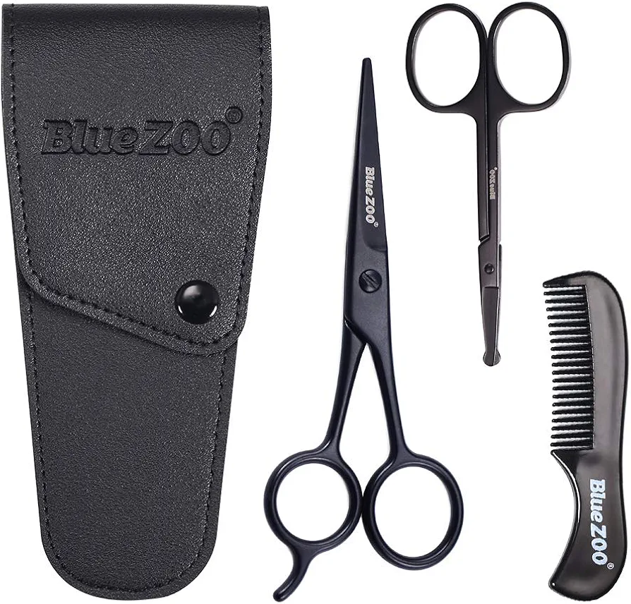 BlueZOO Beard Mustache Scissors and Comb Kit with PU Storage Bag, Rounded Safety Nose Hair Scissor for Men and Women Care Grooming, Ear Trimming Tool, Shears for Personal Grooming, Cutting & Styling