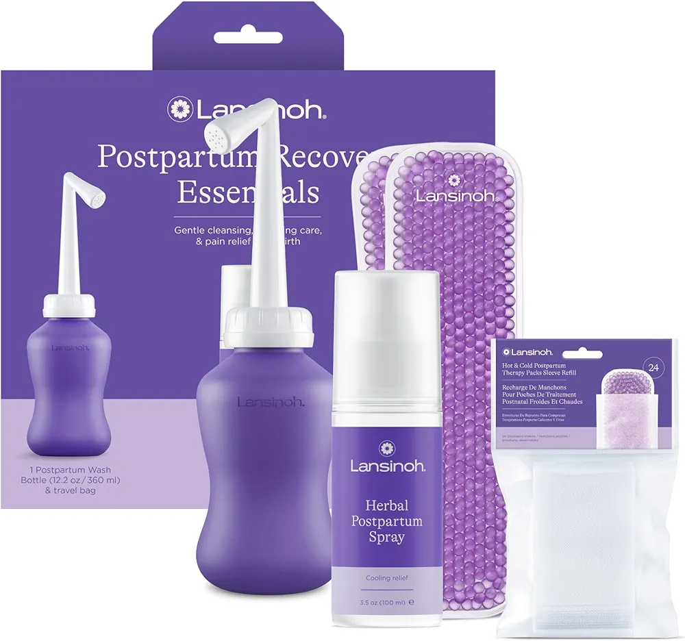 Lansinoh Postpartum Kit, Includes Upside Down Peri Bottle, Herbal Perineal Spray, Reusable Perineal Ice Packs and Sleeve