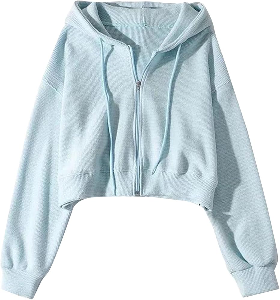 Flygo Women's Waffle Knit Cropped Zip Up Hoodie Vintage Long Sleeve Sweatshirt Jacket with Hood