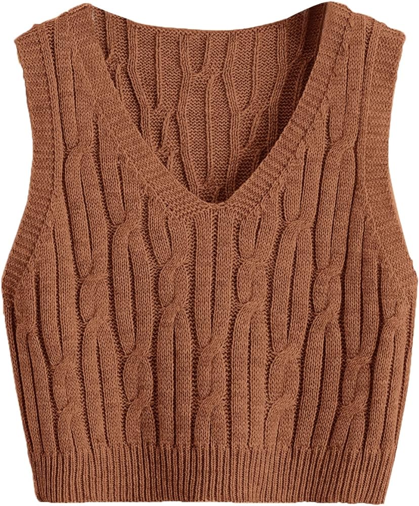 Verdusa Women's V Neck Sleeveless Cable Knitted Crop Tank Top Sweater Vest