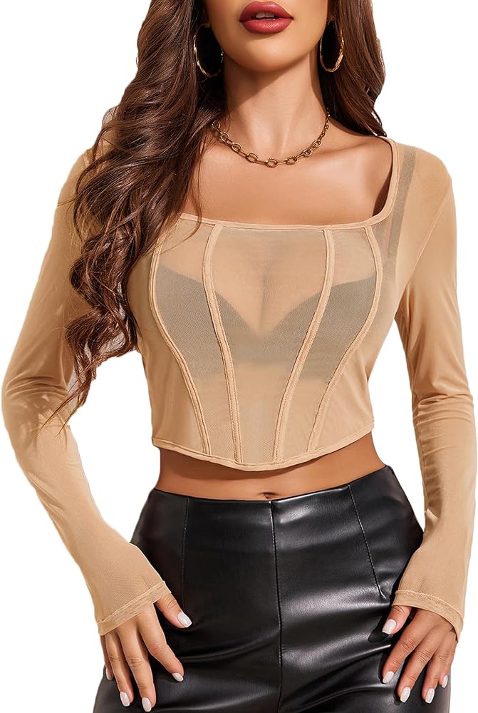 Avidlove Mesh Top Women Long Sleeve Y2K Mesh Shirt Sexy Square Neck Tops Sheer Tops See Through Blouse Shirt