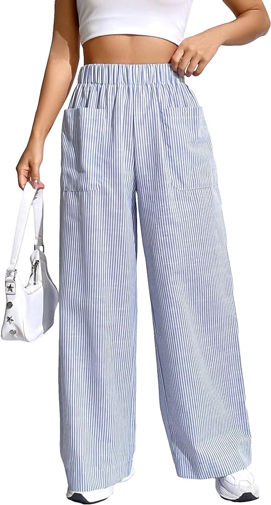 Floerns Women's Striped Print Elastic High Waist Pocket Front Wide Leg Pants