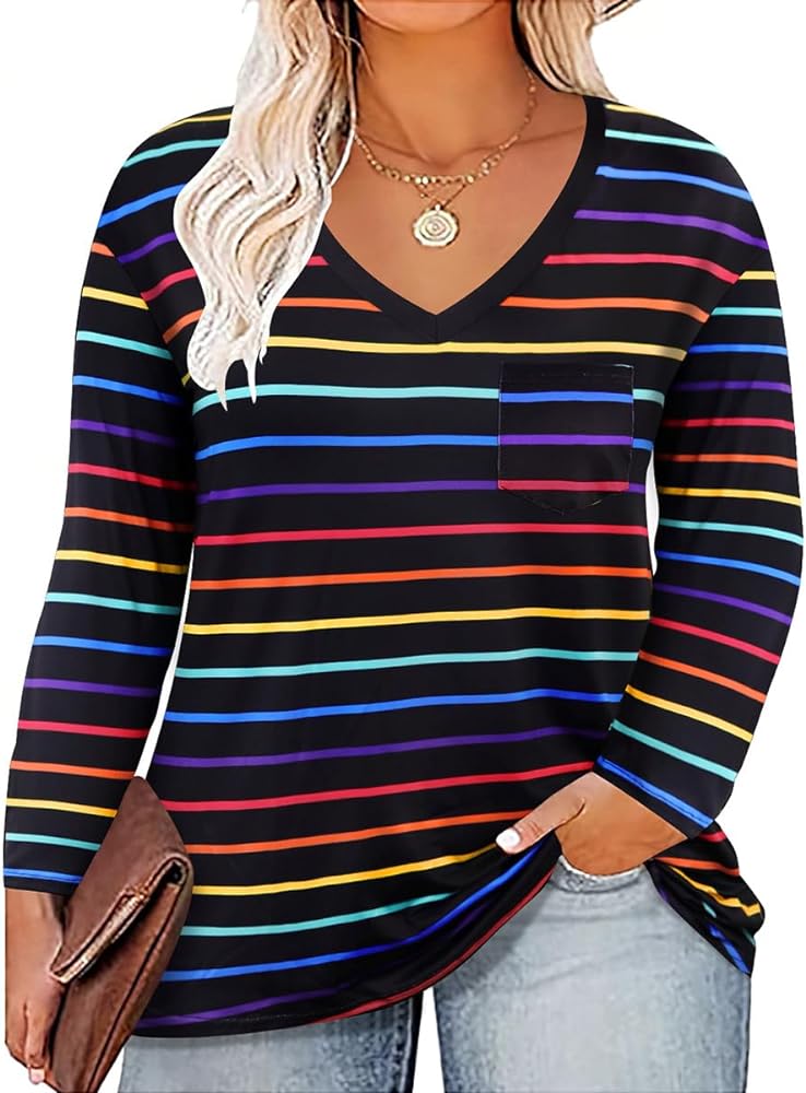 RITERA Plus Size Tops for Women Long Sleeve V Neck Tshirts Loose Fit Comfy Fall Tunic Top Rainbow Stripe Casual Blouse 3XL 22W 24W