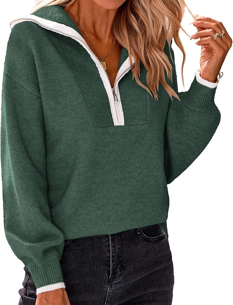 BTFBM Women's 2024 Fall Winter Half Zip Pullover Sweaters Casual V Neck Long Sleeve Ribbed Knit Loose Jumper Tops