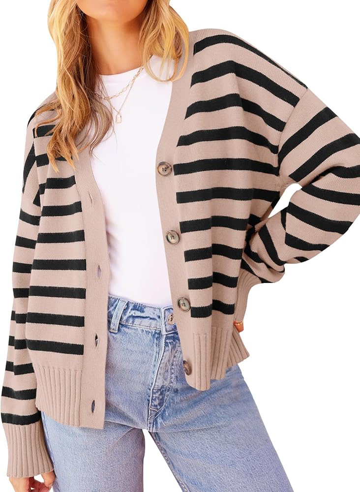 MEROKEETY Women's 2024 Long Sleeve Fall Cardigan Sweaters Striped Button Down V Neck Open Front Knit Outerwear