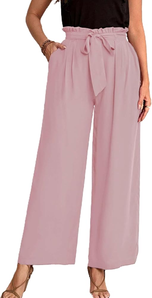 HOUZONIY Women's Wide Leg Pants Tie Knot Work Pant Business Casual Long Lounge Trousers with Pockets