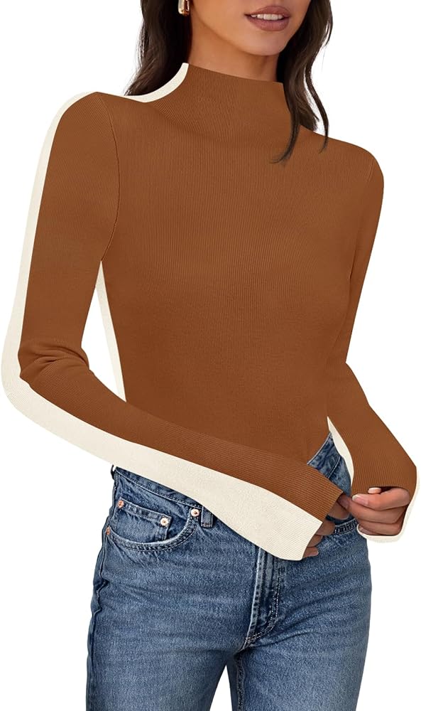 MEROKEETY Women's 2024 Long Sleeve Mock Neck Sweater Top Ribbed Knit Color Block Y2K Slim Fitted Basic Casual Tee Shirts