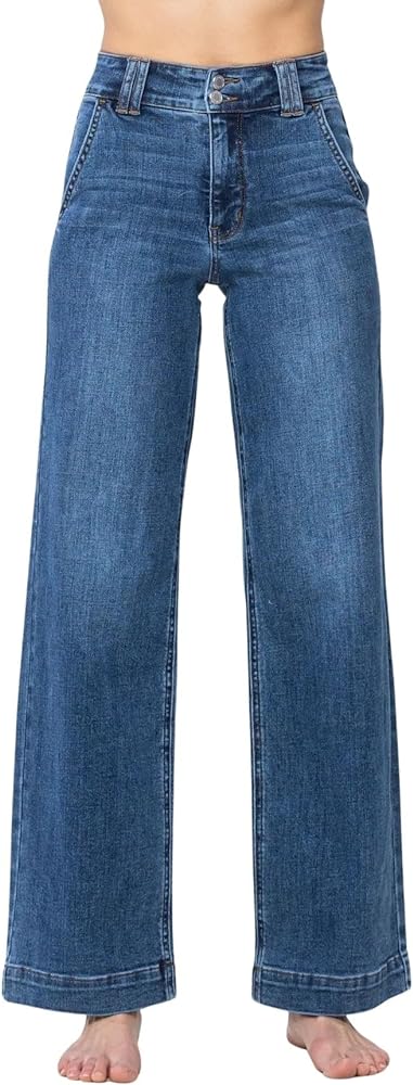 Judy Blue Women's High-Rise Double Button Waistband Wide Leg Jeans