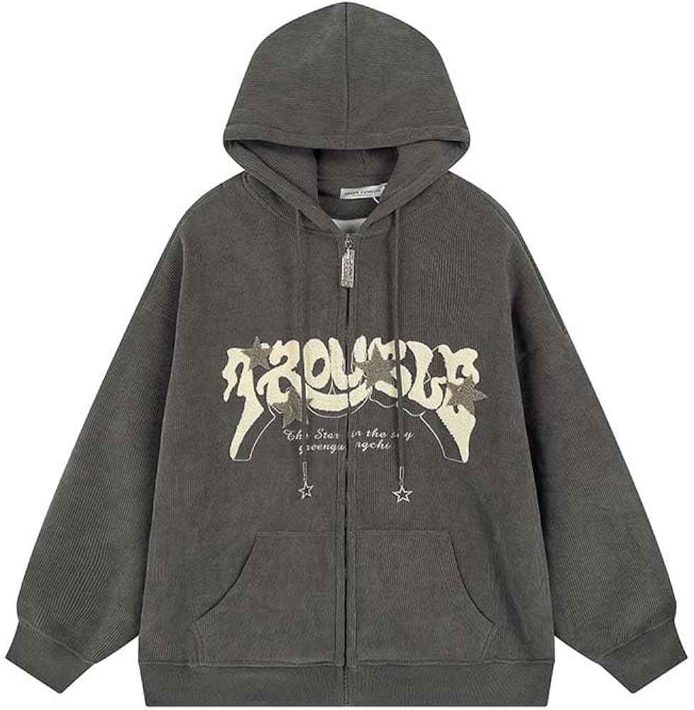 Y2K Zip Up Hoodie for Women Men Letter Print Star Graphic Grunge Hooded Corduroy Sweatshirt Jacket