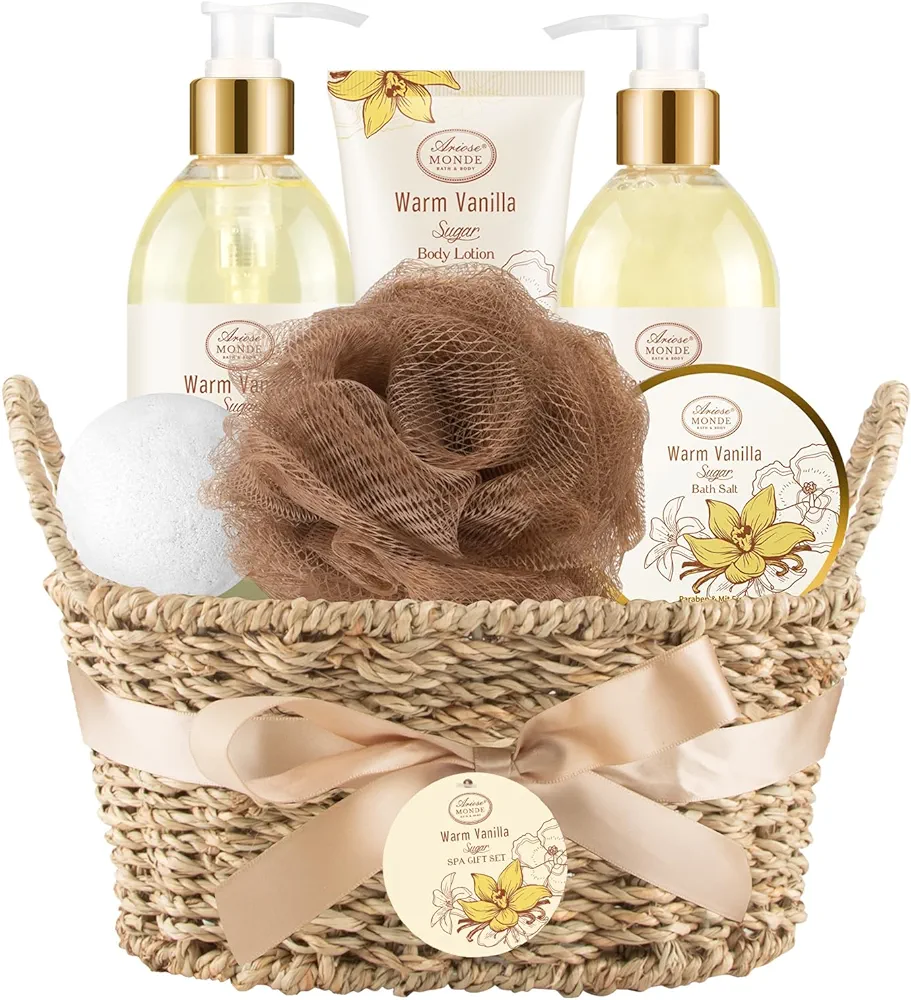 Bath & Shower Spa Basket Gift Set, Warm Vanilla Sugar Scent, with Shower Gel, Bubble Bath,Body Lotion, Bath Bomb,Bath Salt, Bath and Body Gift Box for Women