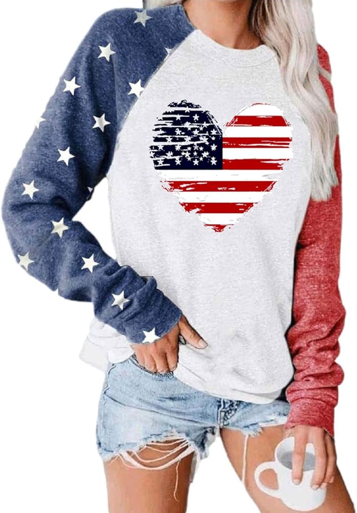 Womens Long Sleeve Shirt Baseball Shirt Mom Shirt American Flag Shirt Star Sweatshirt