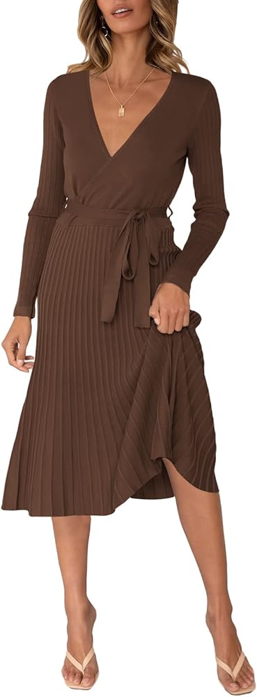 Linsery Women's Ribbed V Neck Long Sleeve Wrap Fitted Knit Pleated Maxi Dress