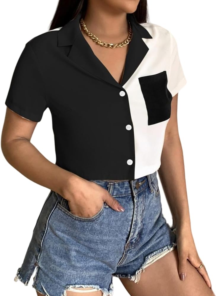 Women's Summer Crop Tops Button Down Lapel Blouse Shirt Color Block Tee Tops Pocket Front