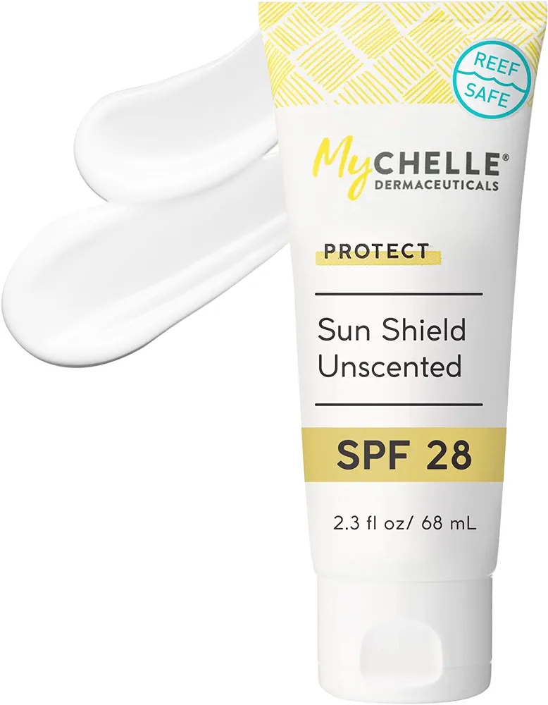 MyCHELLE Dermaceuticals Sun Shield SPF 28 Unscented (2.3 Fl Oz) - Soothing Reef Safe Sunscreen with Vitamin E and Aloe - TSA Approved. Liquid Zinc Sunscreen for Face and Body