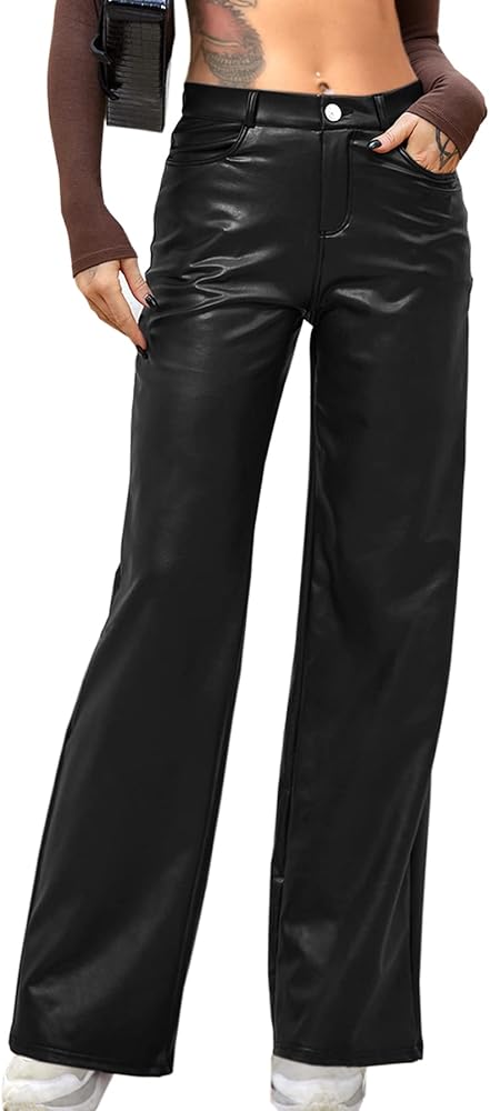 Navneet Women Faux Leather Pants PU High Waist Straight Leg Pants with Pockets Leather Leggings Bell Bottom Flare Pants