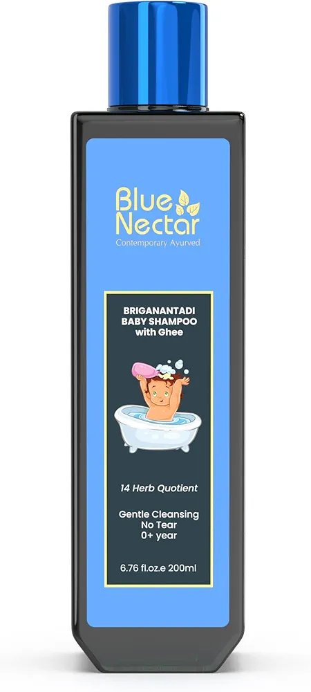 Blue Nectar Baby Shampoo for Kids with Natural Ghee | No Tear Formula | Natural Baby Care Product for New Born | For 0+ Years | Mild Shampoo for Dry & Sensitive Skin (6.76 Fl Oz, 14 Herbs)