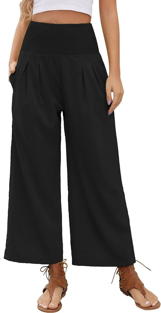 QIANXIZHAN Women's Cropped Wide Leg Pants, High Waisted Palazzo Pants Summer Boho Flowy Beach Lounge Trousers