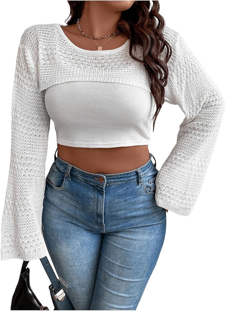 Verdusa Women's Plus Crewneck Long Sleeve Cutout Knit Crop Tops Casual Sweater