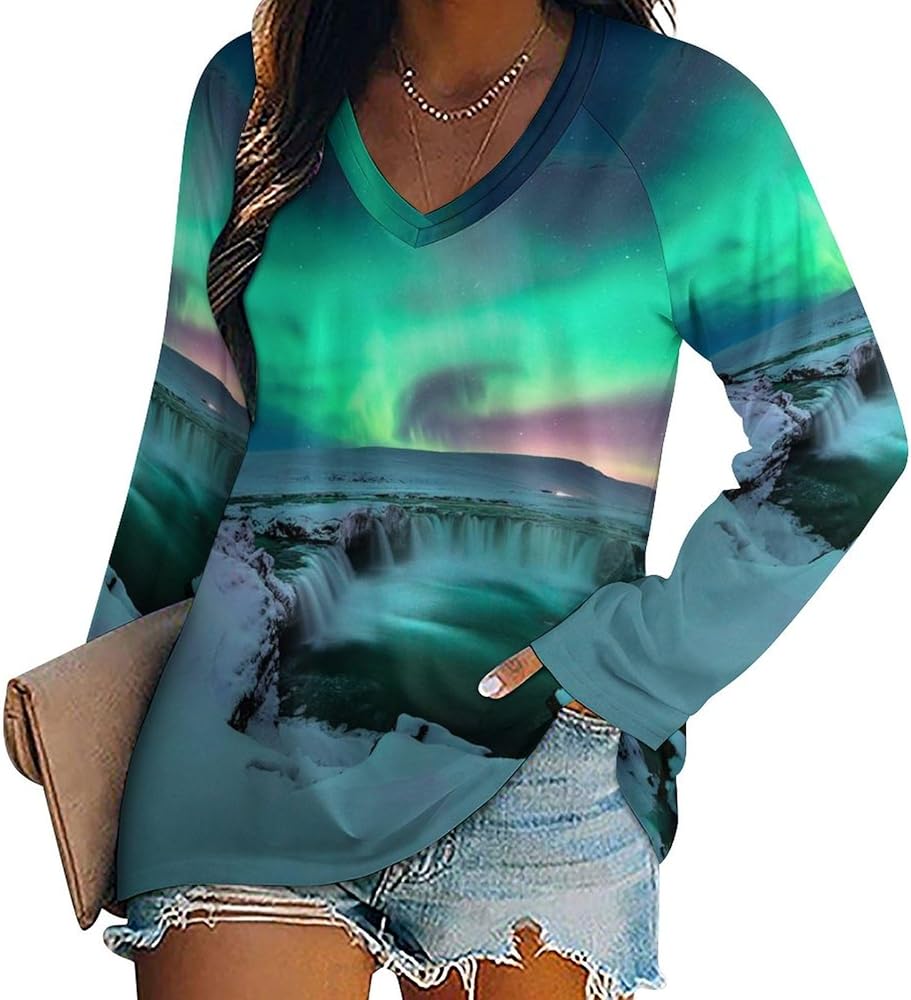 Green Northern Lights Loose Womens Shirts Long Sleeve Tees Tops Casual V-Neck Graphic Blouses