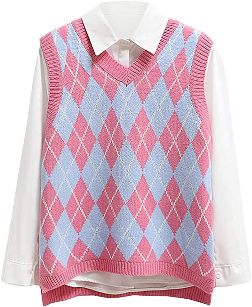 Lailezou Women's V Neck Knit Sweater Vest Argyle Plaid Preppy Style Sleeveless Crop Knitwear Tank