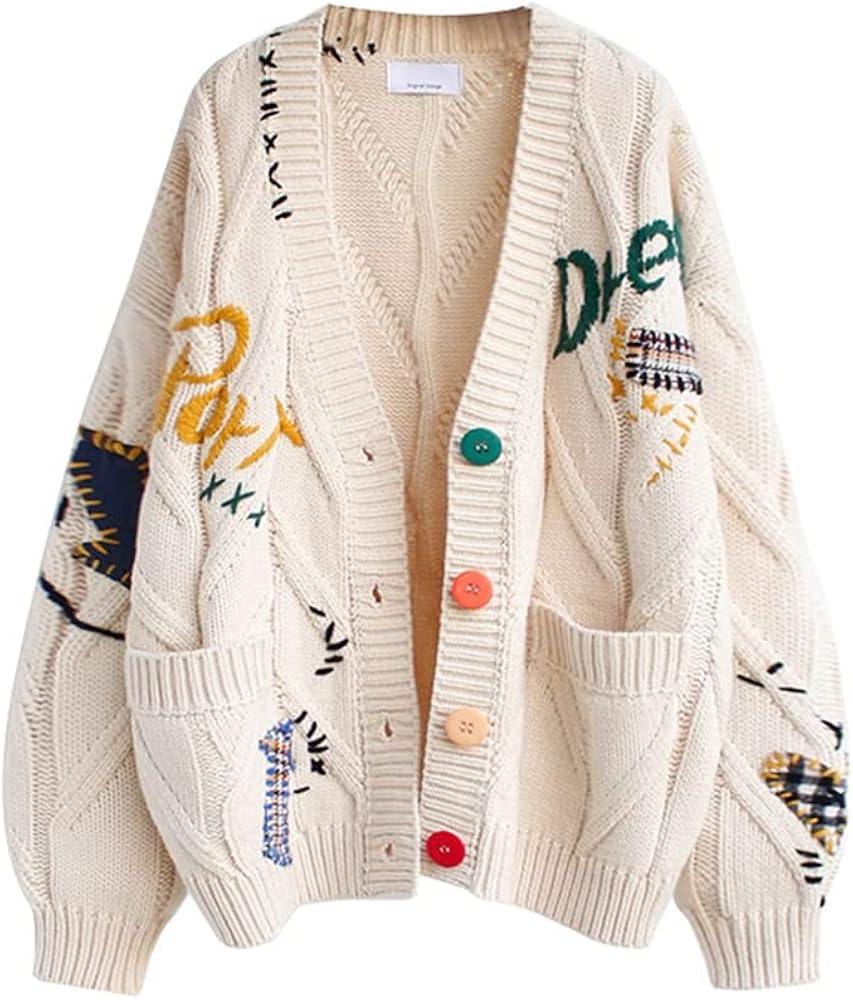 Women's Cute Cable Knit Open Front Cardigan Kawaii Long Sleeve Button Embroidered Sweater Coat Outwear