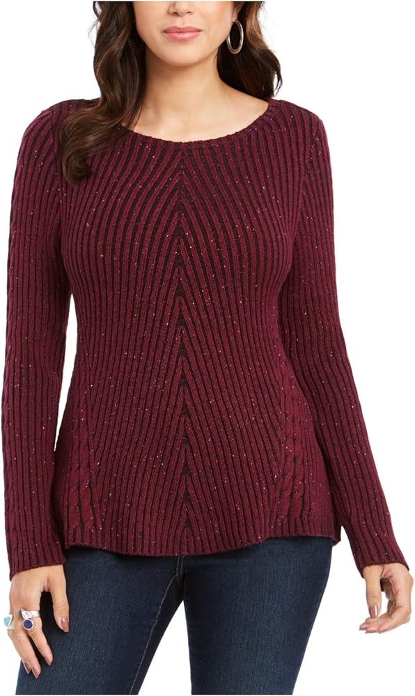 STYLE & COMPANY Womens Burgundy Textured Knitted Printed Long Sleeve Jewel Neck T-Shirt Sweater Size S