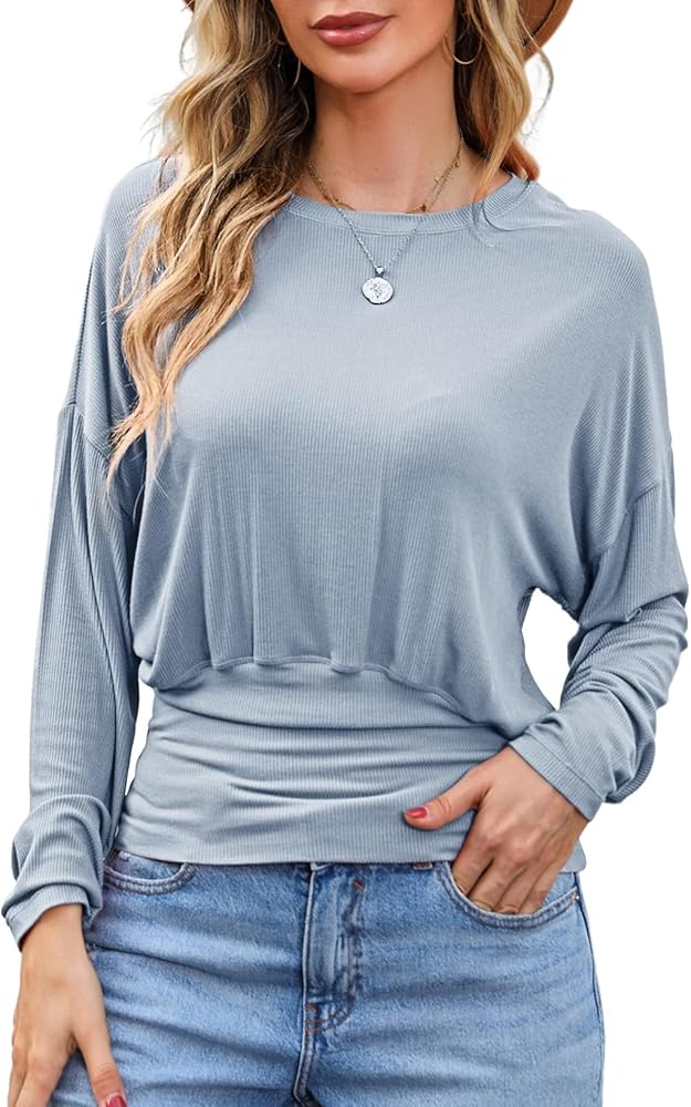 Dokotoo Womens Dolman Sleeve Tops Casual Crewneck Long Sleeve Banded Bottom Tops Ribbed Knit Thin T-Shirts with Shirring