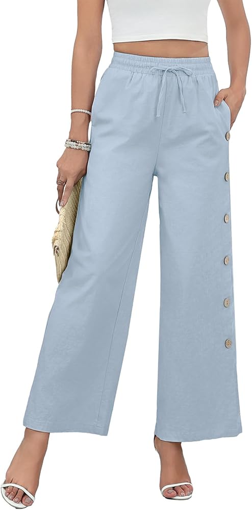 Askyes Women’s Linen Pants Wide Leg Pants Drawstring High Waist Cotton Palazzo Pants Summer Beach Loose Trousers with Pockets