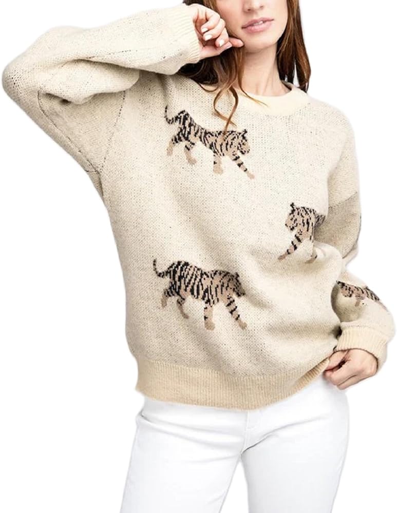 Tiger Print Sweater Women Y2k Long Sleeve Crewneck Leopard Print Knit Pullover Tops Casual Going Out Sweaters