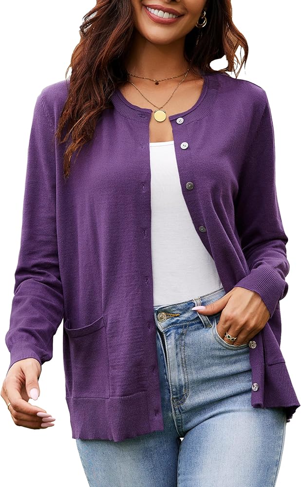 Women's Casual Open Front Button Long Sleeve Knit Pocket Lightweight Cardigan