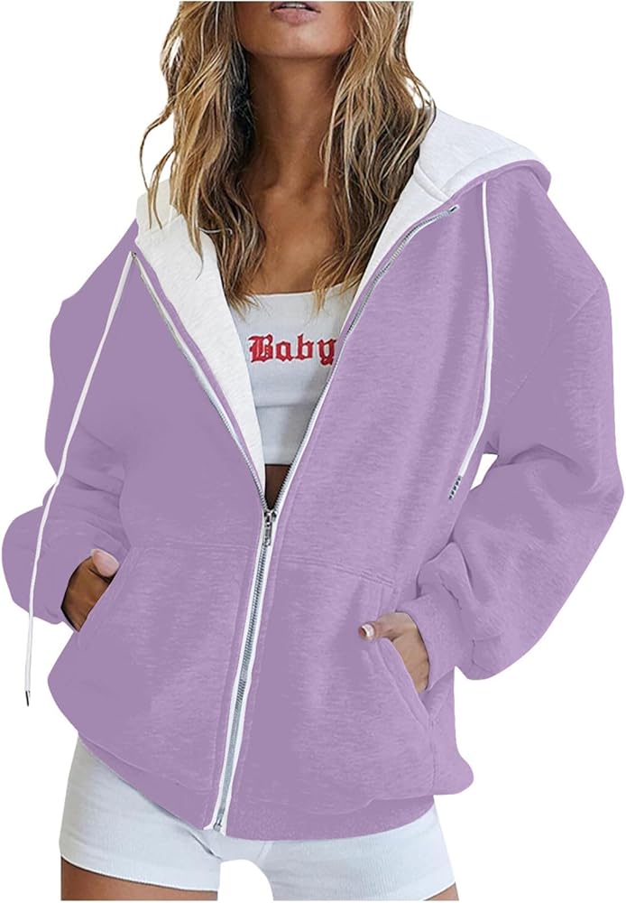 Hoodies For Women,Women's Fallable Casual Long Sleeve Solid Color Hoodies Zipper Sweatshirts Coat With Pocket