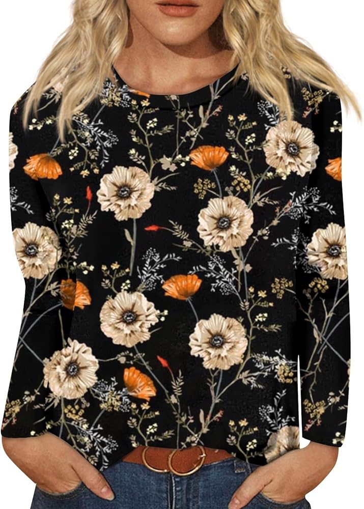 Women Crew Neck Floral Print Tops Fall Plus Size Cute Blouses Oversized Boho Aesthetic Apparel