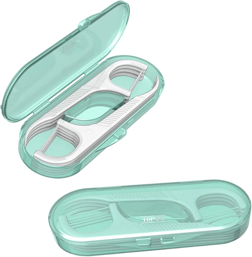 Dental Flossers 2Pcs Green Mini Portable Case,Refillable Toothpicks Dispenser,Storage 10 Count Floss Picks Organizer,Perfect for Your Purse Or Gym Bag for On-The-Go Flossing