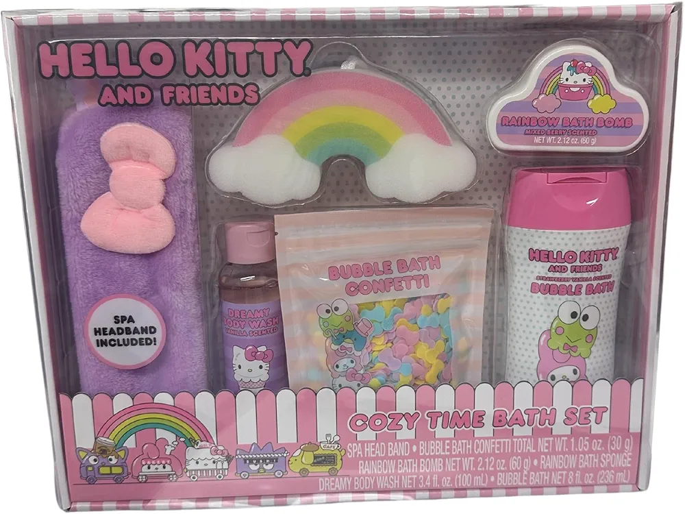 Hello Kitty and Friends Cozy Time Bath Set, Includes Spa Head Band, Bubble Bath Confetti (30g), Rainbow Bath Bomb, Rainbow Bath Sponge, Dreamy Body Wash (100mL), & Bubble Bath (236mL)