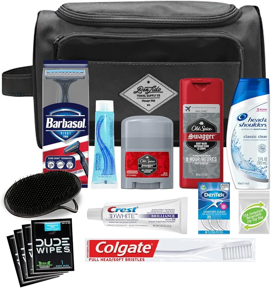 Convenience Kits International Men's Premium 15-Piece Kit wth Travel Size TSA Compliant Essentials, Featuring: Head & Shoulders Dandruff Shampoo Classic Clean and Palm Scalp Brush in Black Dopp Bag