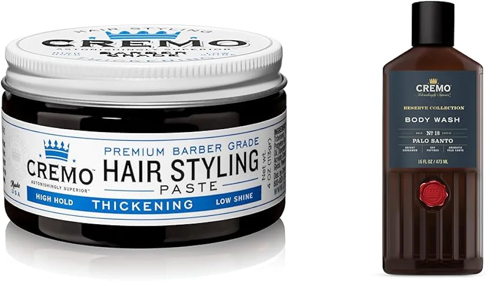 Cremo Barber Grade Hair Styling Thickening Paste and Palo Santo Body Wash Bundle, 4 Oz and 16 Fl Oz