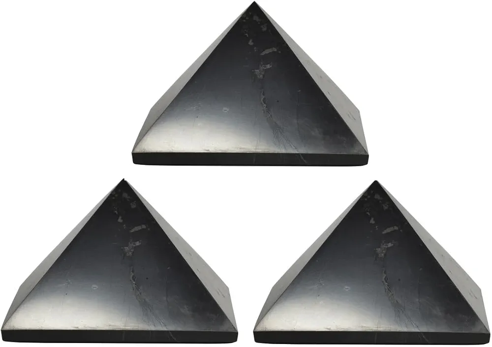 Authentic Shungite Pyramid Real Shungite Stones Shungite Crystal Pyramid Home Protection Room Decor Office Decor Authentic Crystals Black Pyramid 3 Pack (Polished, 80 mm / 3.14")