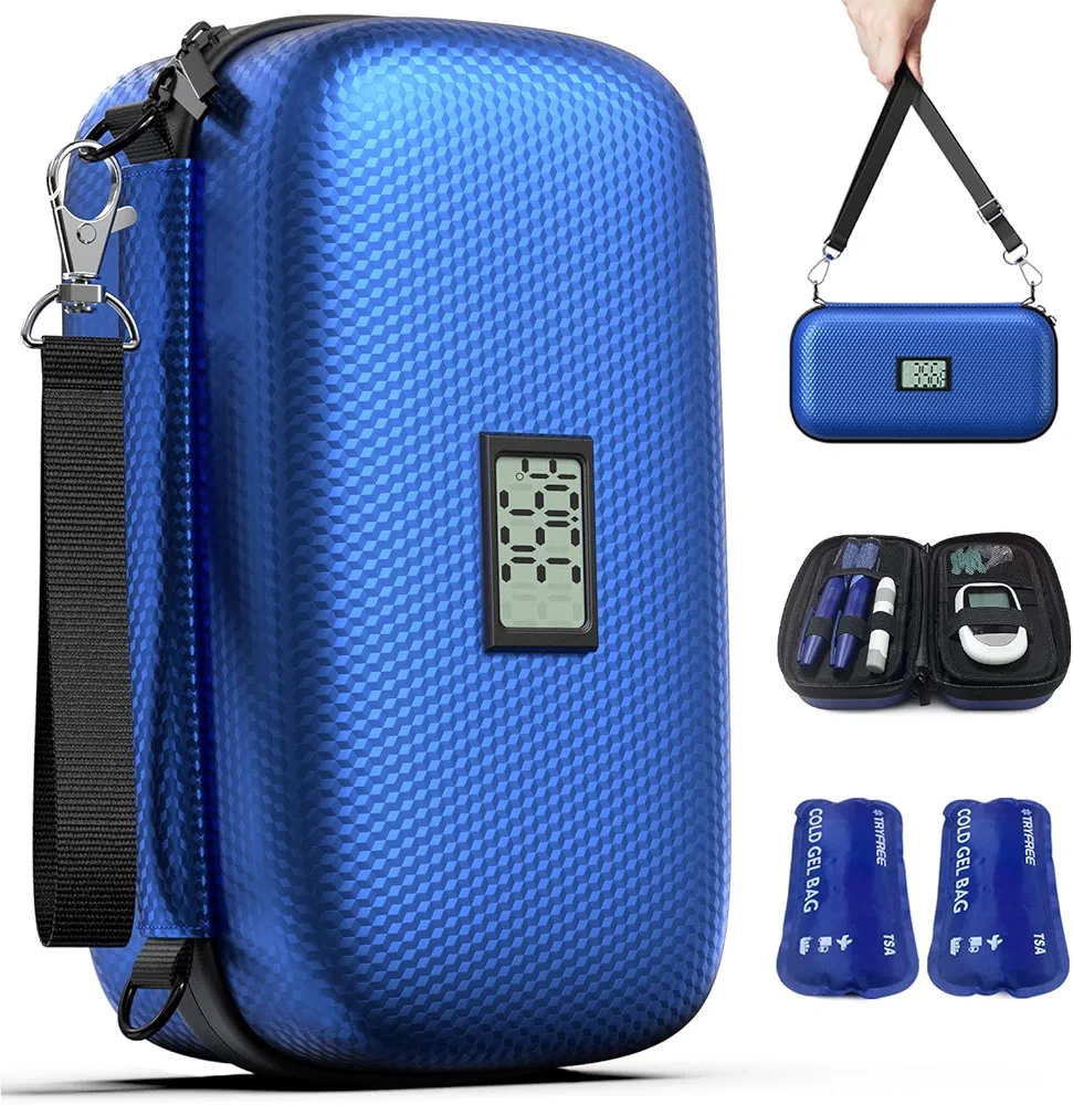 2024 Upgrade Insulin Cooler Travel Case TSA Approved, Temperature Display Refrigerated Diabetic Medication for Travel with Waste Bags, Two Straps and Two Reusable Ice Packs, Present for Family Blue