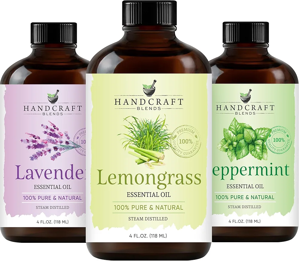 Handcraft Lemongrass Essential Oil, Peppermint Essential Oil and Lavender Essential Oil – Huge 4 Fl. Oz – 100% Pure and Natural Essential Oils – Premium Therapeutic Grade with Premium Glass Dropper