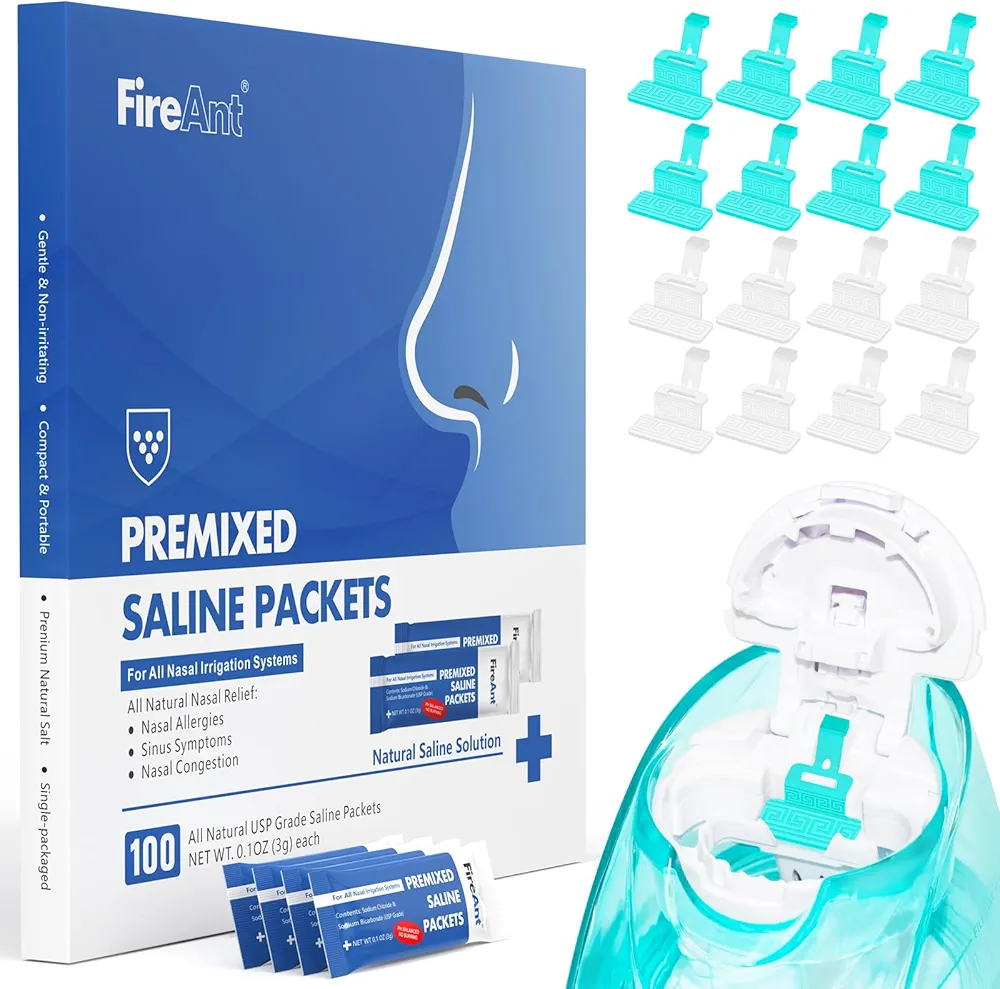 FireAnt 16 Pack Silicone Saline Pods Refills and 100 Count Salt Packets Set, Compatible with Navage Nasal Care, Includes 100 Saline Packets Sinus Rinse + 16 Reusable Salt Pads in Blue & White