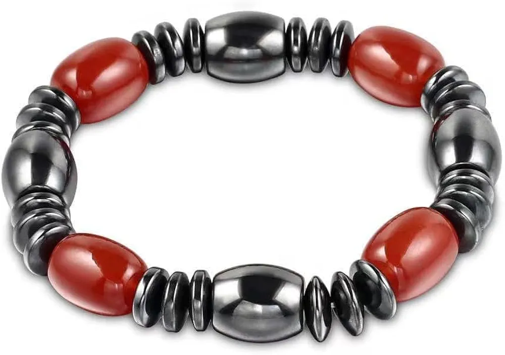 Magnetic Therapy Hematite Bracelet 2 Pack, Magnetic Bracelet with Red Resin Beads