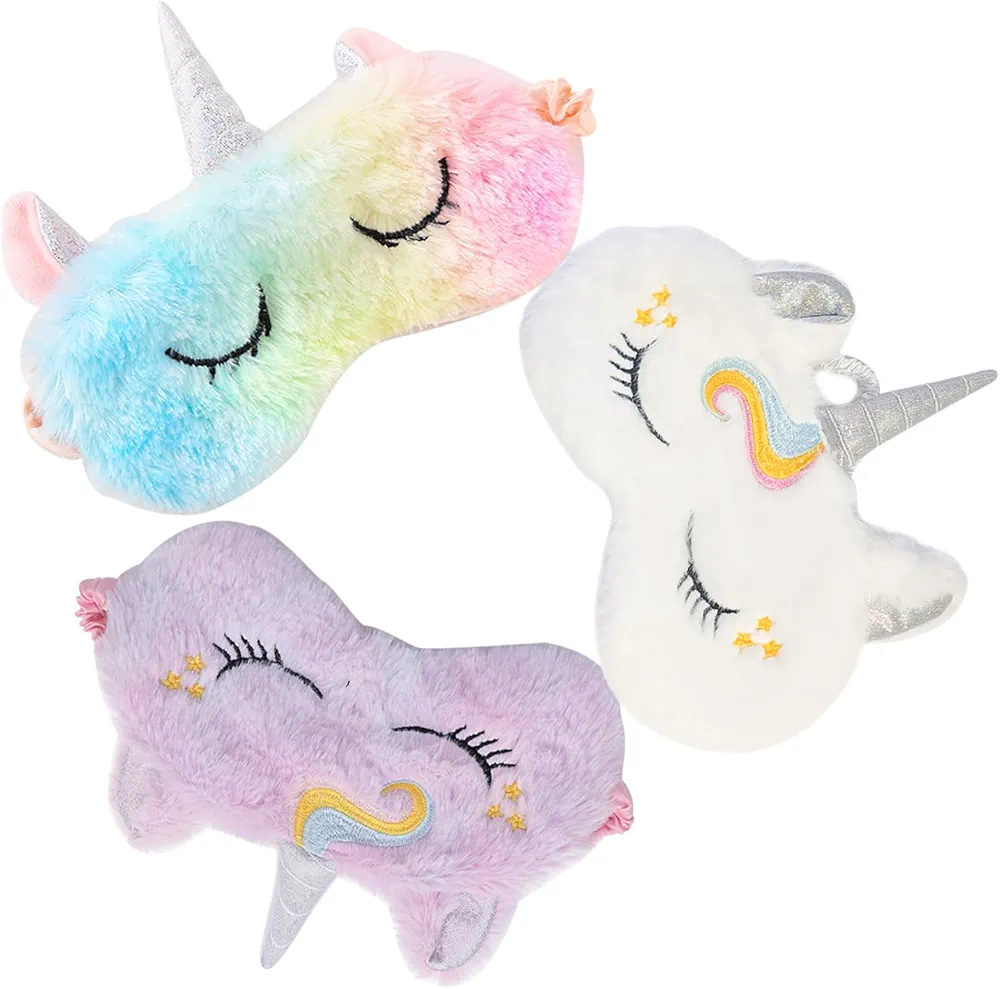 Cute Animal Sleeping Mask Soft Plush Blindfold Cute Rabbit Panda Koala Eye Cover Eyeshade for Kids Teens Girls Women (3Pack Unicorn)