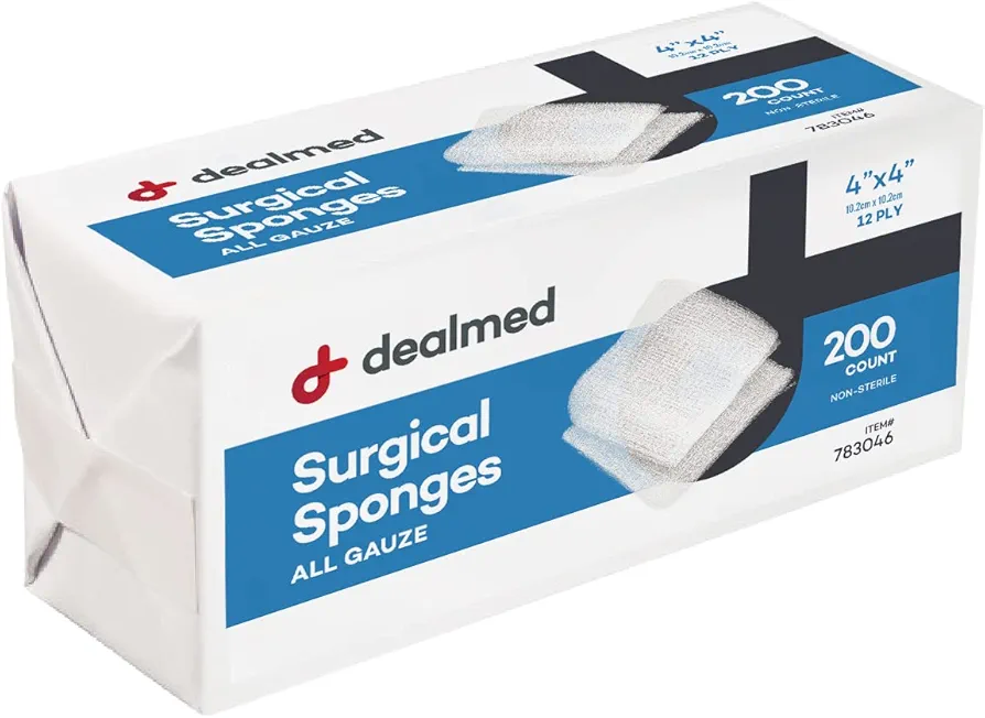 Dealmed 4" x 4" Surgical Sponges, 12-Ply, Absorbent Woven Gauze Pads, Non-Sterile Wound Care for First Aid Kit and Medical Facilities, 200 Count (Pack of 1)