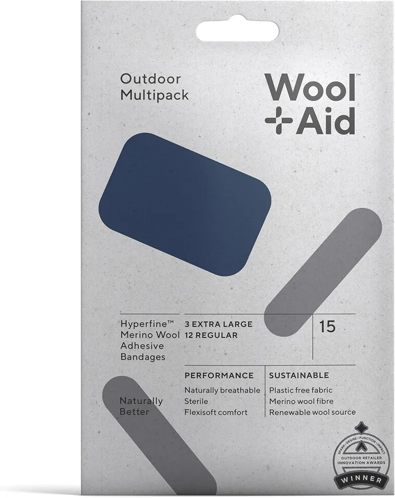 WoolAid Hyperfine Merino Wool Adhesive Bandages, for Sensitive Skin- The Outdoor Multipack for Natural Wound Care and Recovery, Assorted Sizes, 15 Count