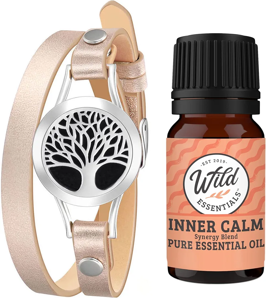 Wild Essentials Tree of Life Essential Oil Leather Wrap Bracelet Diffuser Kit, Gift Set, with Inner Calm Essential Oil Blend, 12 Pads, Customizable Color Changing Perfume Jewelry, Aromatherapy