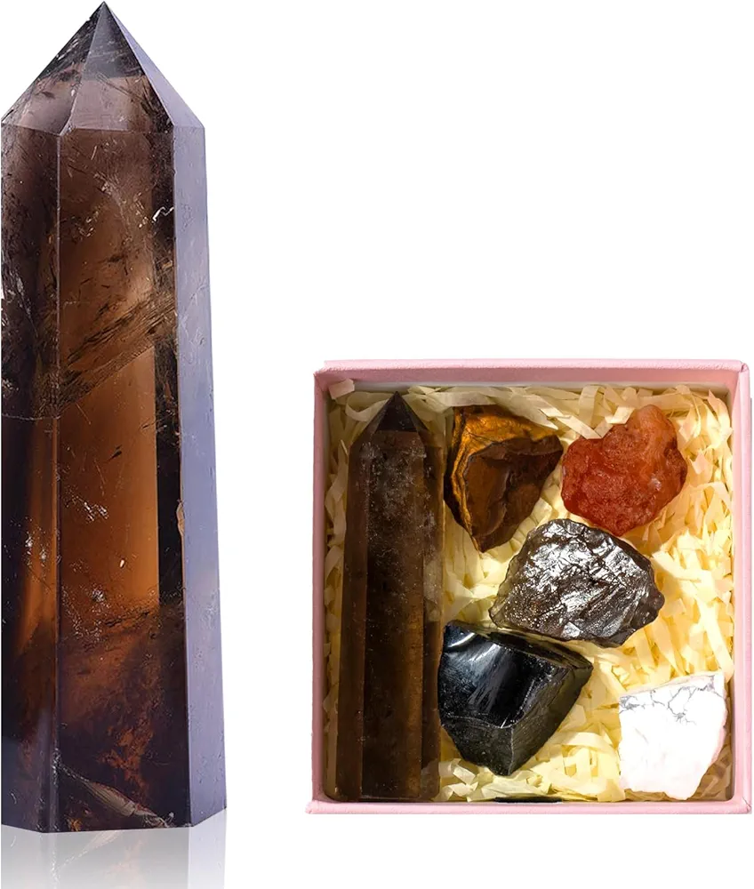 Runyangshi 3" Natural Smoky Quartz Tower Healing Crystal Wand Complimentary 5PCS 1" Raw Stones for Reiki Chakra Meditation Therapy Decor Gemstone Gift